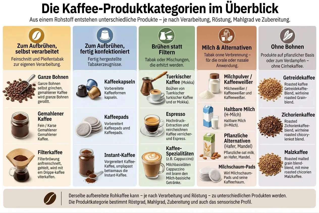 Infografik über Kaffee-Produktkategorien: Von Ganzen Bohnen und gemahlenem Kaffee bis hin zu Espresso, Filterkaffee und Kaffeekapseln im Überblick.