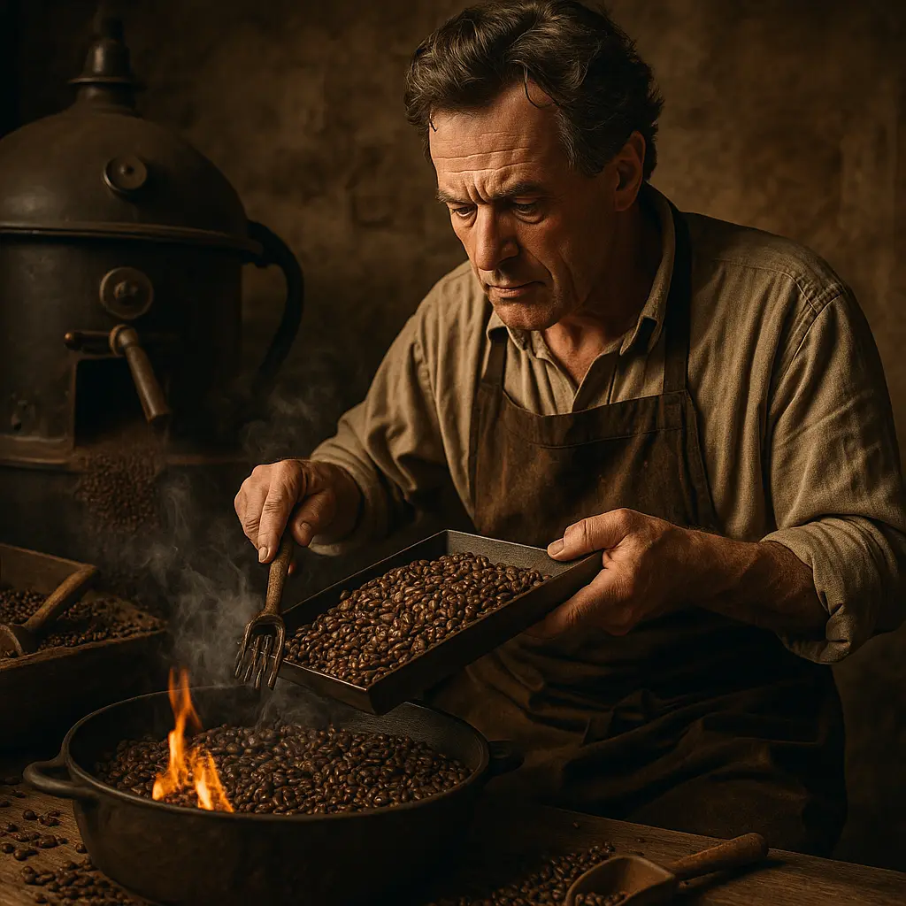Kaffeebohnen werden von einem Röster traditionell geröstet und gemahlen