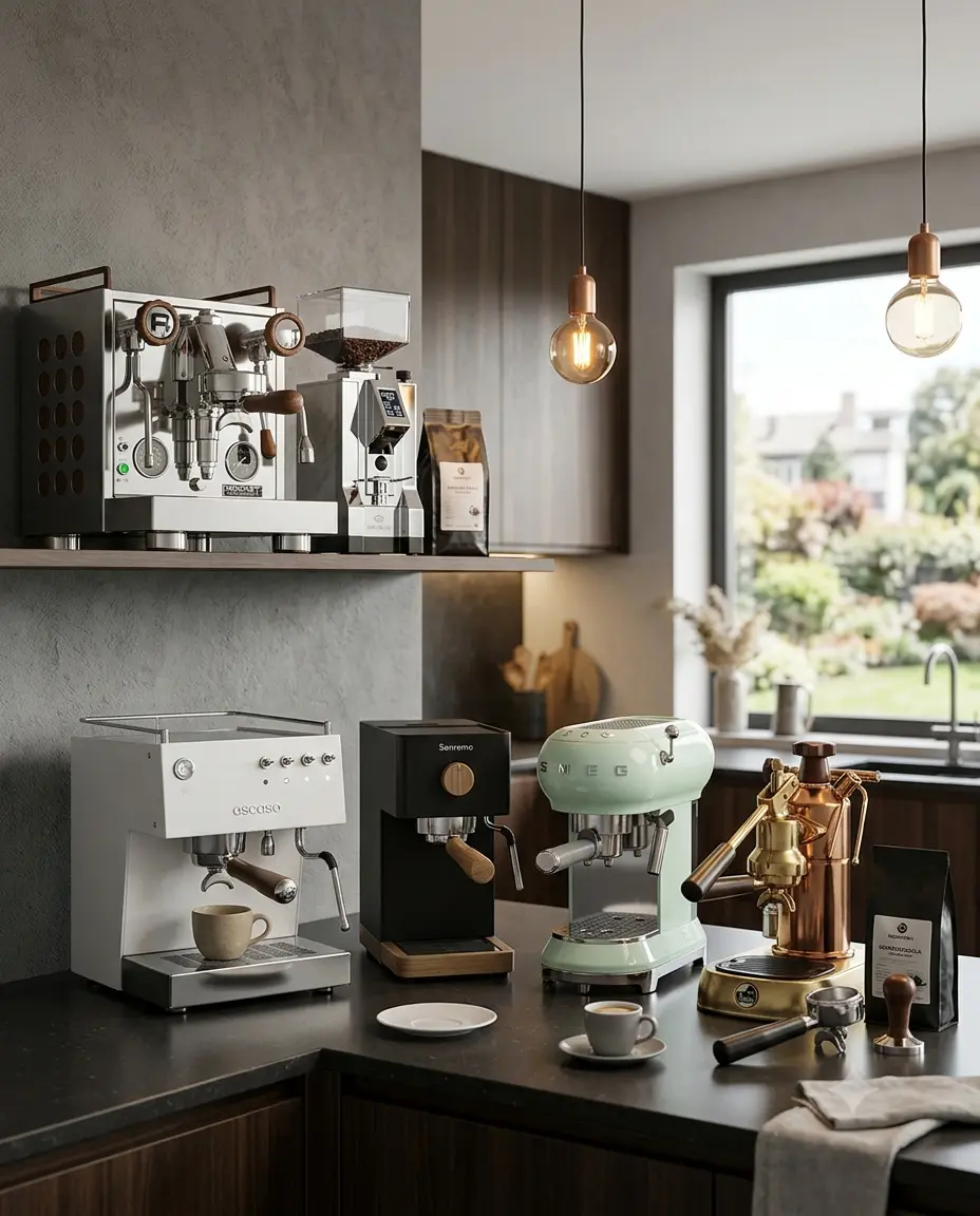 Auswahl moderner Siebträgermaschinen und Espressomühlen im edlen Küchendesign.